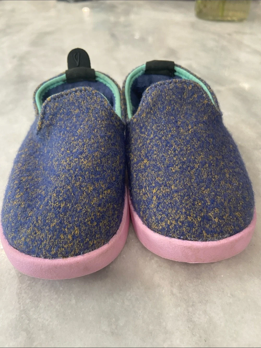 allbirds Kids Slip-On Wool Slippers in Blue with Mint Trim and Pink Soles